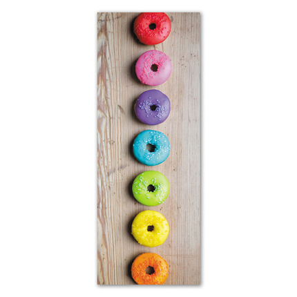 Υφασμάτινο αυτοκόλλητο ψυγείου που απεικονίζει donut στη σειρά με διάφορα χρώματα γλάσο.Είναι ανθεκτικό και κολλάει και ξεκολλάει εύκολα.Μπορείτε να μας ζητήσετε να εκτυπωθεί σε όποιες διαστάσεις θέλετε. Το θέμα προσαρμόζεται αναλογικά στις διαστάσεις που θέλετε.Το παράδειγμα που παρουσιάζουμε στην απομονωμένη εικόνα του θέματος αφορά ψυγείο με διαστάσεις 75cm πλάτος x 200cm ύψος.