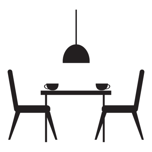 Αυτοκόλλητο τοίχου από βινύλιο που απεικονίζει ένα  τραπέζι με δύο καρέκλες. Στο τραπέζι απεικονίζονται δύο κούπες. Επίσης πάνω από το τραπέζι υπάρχει ένα φωτιστικό. Είναι ανθεκτικό και κολλάει και ξεκολλάει εύκολα.Μπορείτε να μας ζητήσετε να εκτυπωθεί σε ότι διάσταση και χρώμα θέλετε. 