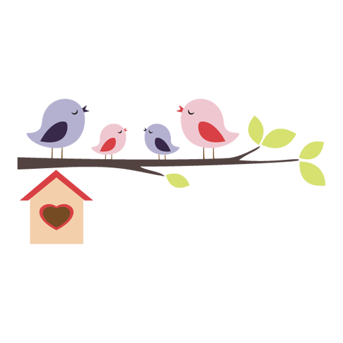 Αυτοκόλλητο τοίχου από βινύλιο που απεικονίζει δύο πουλάκια με μοβ και ροζ χρώματα πάνω σε ένα καφέ κλαδί με πράσινα φύλλα μαζί με μια φωλιά με δύο μικρά πουλάκια. Είναι ανθεκτικό και κολλάει και ξεκολλάει εύκολα.Μπορείτε να μας ζητήσετε να εκτυπωθεί σε ότι διάσταση θέλετε. 