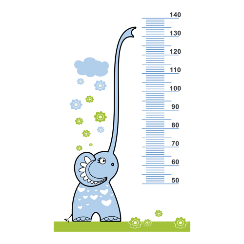 Αυτοκόλλητο τοίχου από βινύλιο, υψομετρητής,  που απεικονίζει έναν ελέφαντα σε γαλάζιο χρώμα και με πράσινα και γαλάζια λουλούδια.	Ο υψομετρητής είναι από τα 50 εκατοστά, μέχρι τα 140 εκατοστά.		Οι διαστάσεις του είναι:	Ύψος: 119 εκατοστά	Πλάτος: 74 εκατοστάΕίναι ανθεκτικό και κολλάει και ξεκολλάει εύκολα.Στην τοποθέτηση του θα πρέπει να υπολογιστεί η απόσταση από το πάτωμα μέχρι την πρώτη ένδειξη ύψους.Οι εικόνες με τα παιδιά αποτελούν προσομοίωση και είναι ενδεικτικές ως προς το μέγεθος του υψομετρητή. 