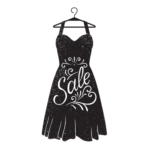 Αυτοκόλλητο βιτρίνας από βινύλιο που απεικονίζει ένα μαύρο φόρεμα σε κρεμάστρα. Το φόρεμα έχει άσπρα σημάδια και σχέδια ενώ στη μέση έχει τη λέξη 