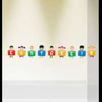 Αυτοκόλλητο βιτρίνας από βινύλιο που απεικονίζει τέσσερα παιδάκια που κρατάνε πινακίδες που μέσα τους κάθε μια έχει ένα γράμμα από τη λέξη 